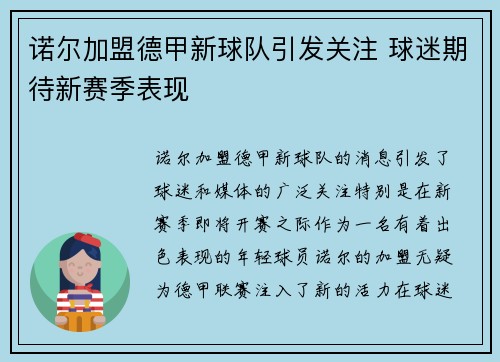 诺尔加盟德甲新球队引发关注 球迷期待新赛季表现